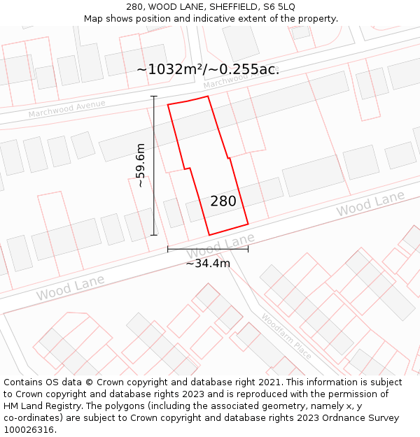 280, WOOD LANE, SHEFFIELD, S6 5LQ: Plot and title map