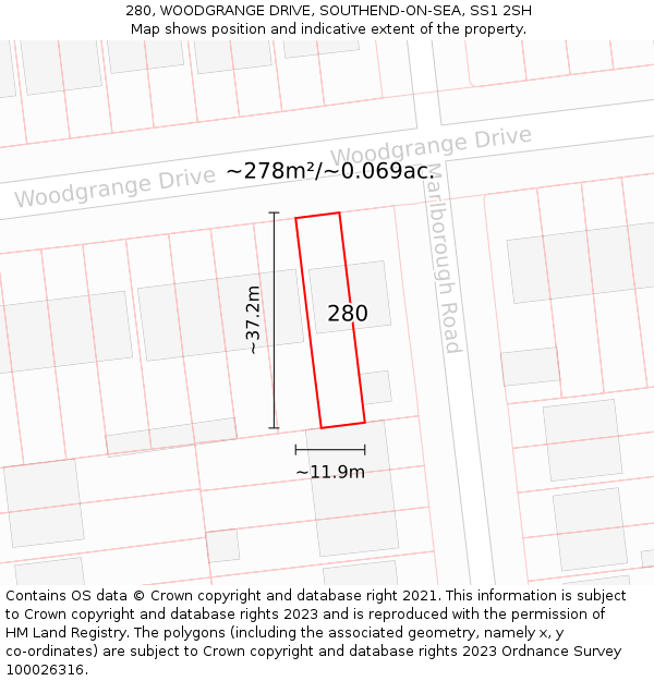 280, WOODGRANGE DRIVE, SOUTHEND-ON-SEA, SS1 2SH: Plot and title map