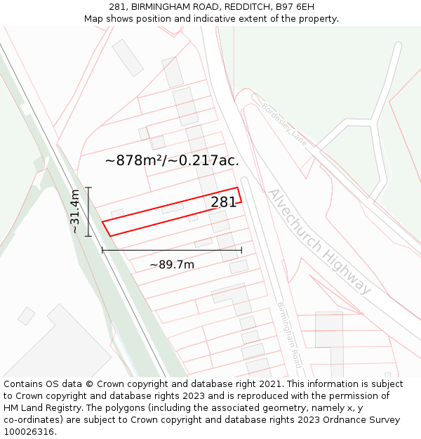 281, BIRMINGHAM ROAD, REDDITCH, B97 6EH: Plot and title map