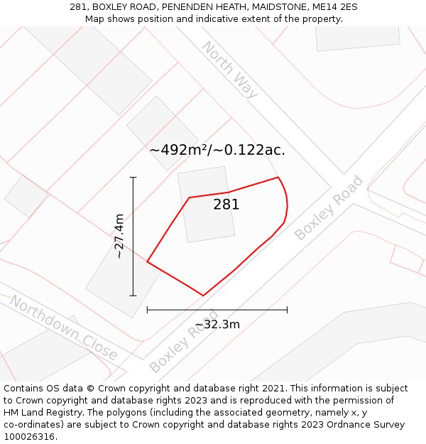 281, BOXLEY ROAD, PENENDEN HEATH, MAIDSTONE, ME14 2ES: Plot and title map