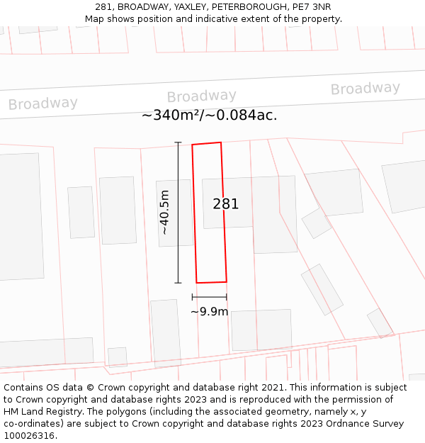 281, BROADWAY, YAXLEY, PETERBOROUGH, PE7 3NR: Plot and title map