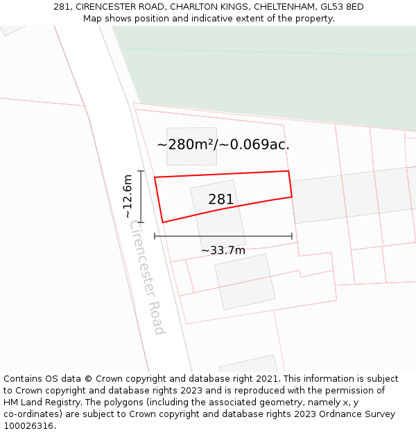 281, CIRENCESTER ROAD, CHARLTON KINGS, CHELTENHAM, GL53 8ED: Plot and title map