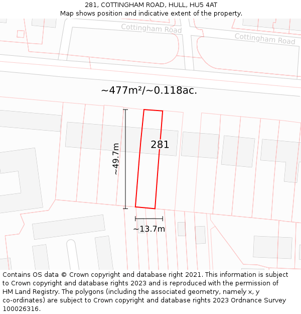 281, COTTINGHAM ROAD, HULL, HU5 4AT: Plot and title map