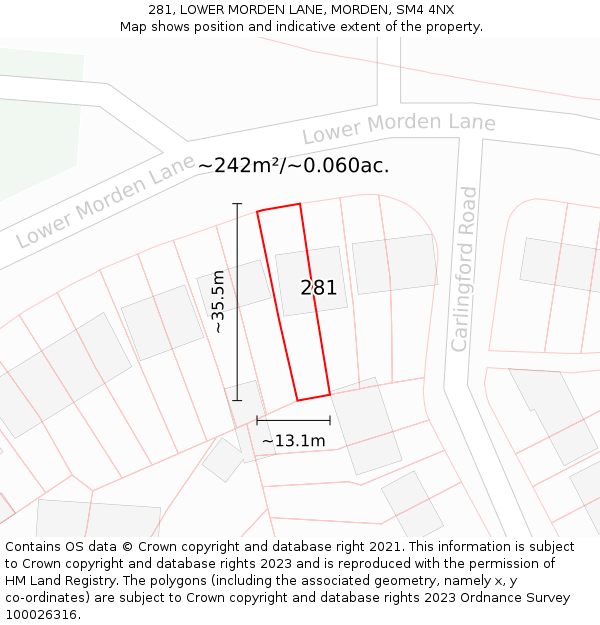 281, LOWER MORDEN LANE, MORDEN, SM4 4NX: Plot and title map