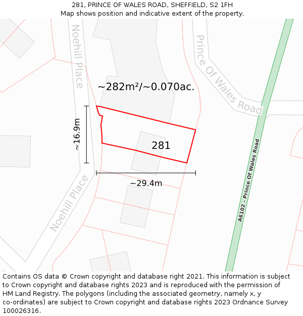 281, PRINCE OF WALES ROAD, SHEFFIELD, S2 1FH: Plot and title map