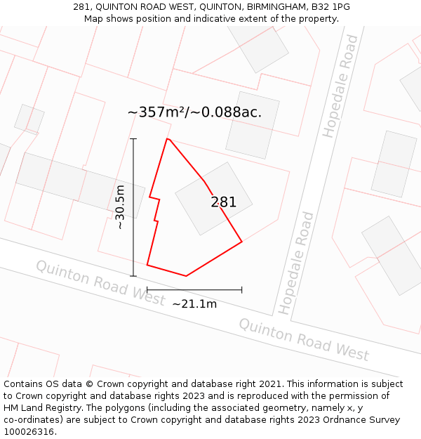 281, QUINTON ROAD WEST, QUINTON, BIRMINGHAM, B32 1PG: Plot and title map