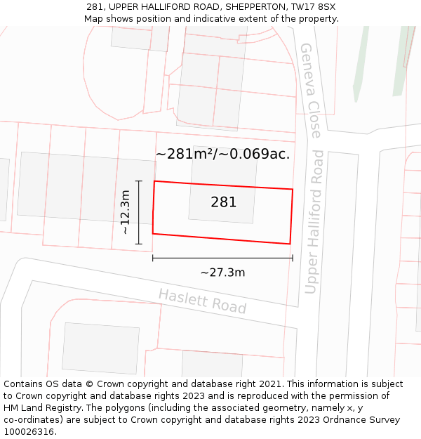 281, UPPER HALLIFORD ROAD, SHEPPERTON, TW17 8SX: Plot and title map