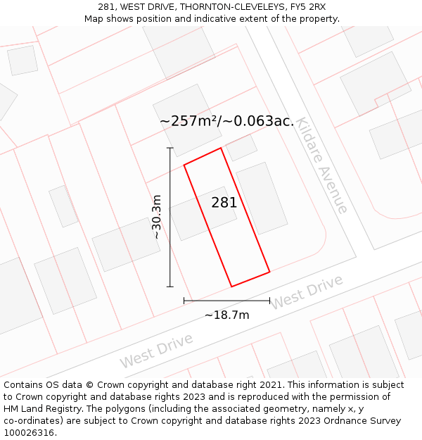 281, WEST DRIVE, THORNTON-CLEVELEYS, FY5 2RX: Plot and title map