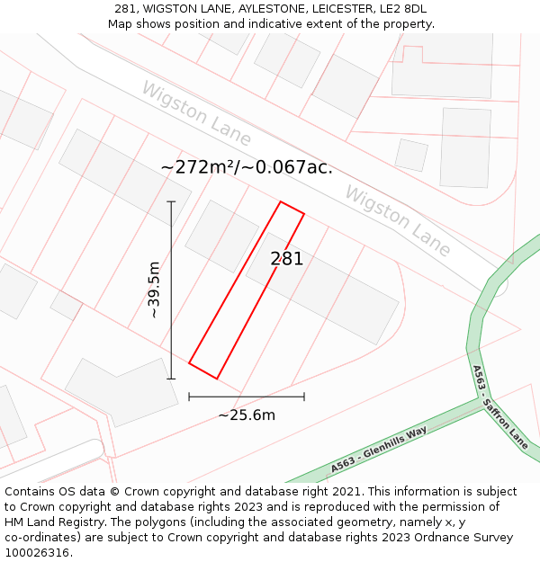 281, WIGSTON LANE, AYLESTONE, LEICESTER, LE2 8DL: Plot and title map