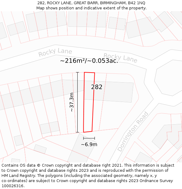 282, ROCKY LANE, GREAT BARR, BIRMINGHAM, B42 1NQ: Plot and title map