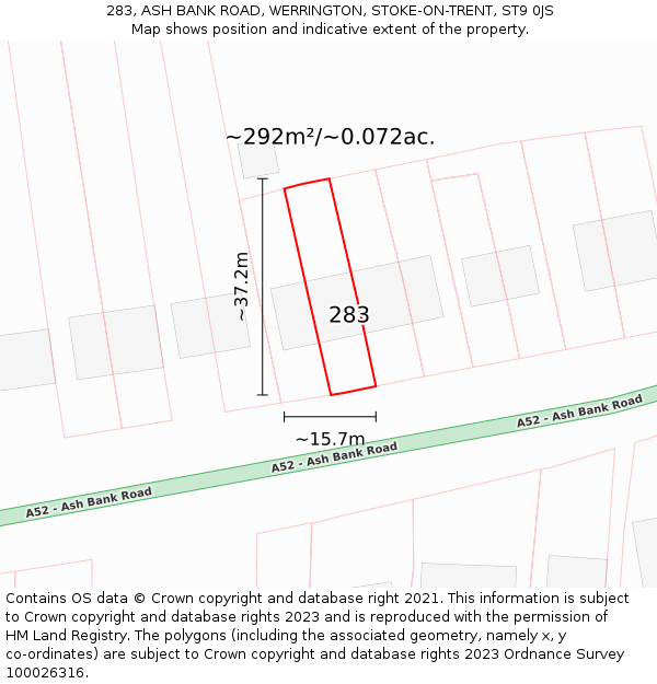 283, ASH BANK ROAD, WERRINGTON, STOKE-ON-TRENT, ST9 0JS: Plot and title map