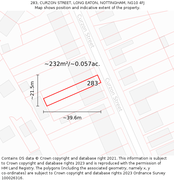 283, CURZON STREET, LONG EATON, NOTTINGHAM, NG10 4FJ: Plot and title map