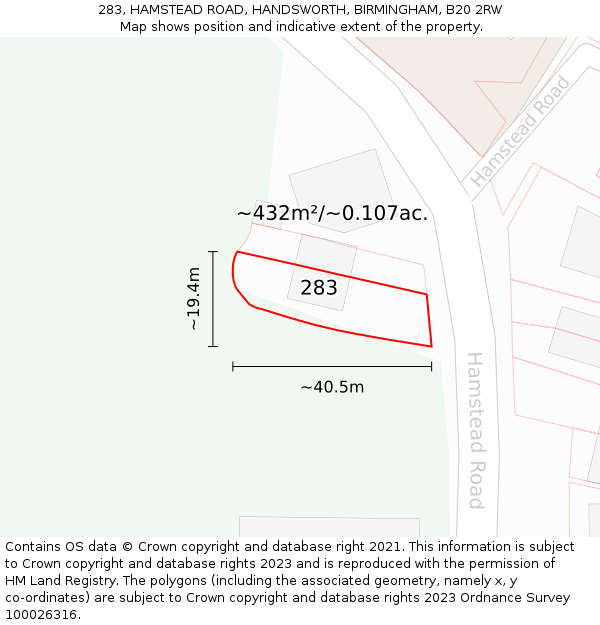 283, HAMSTEAD ROAD, HANDSWORTH, BIRMINGHAM, B20 2RW: Plot and title map