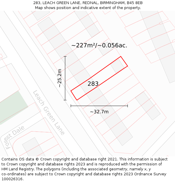 283, LEACH GREEN LANE, REDNAL, BIRMINGHAM, B45 8EB: Plot and title map