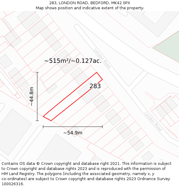 283, LONDON ROAD, BEDFORD, MK42 0PX: Plot and title map