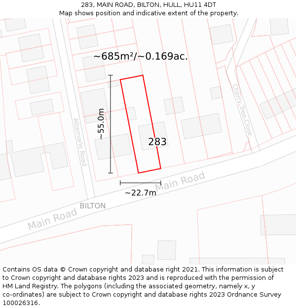 283, MAIN ROAD, BILTON, HULL, HU11 4DT: Plot and title map