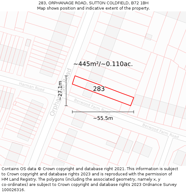 283, ORPHANAGE ROAD, SUTTON COLDFIELD, B72 1BH: Plot and title map