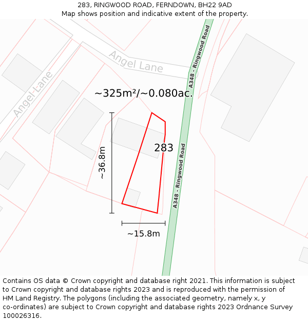 283, RINGWOOD ROAD, FERNDOWN, BH22 9AD: Plot and title map