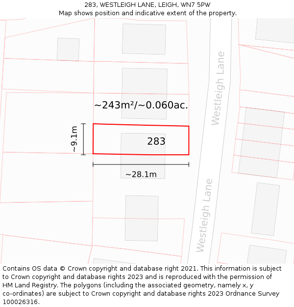 283, WESTLEIGH LANE, LEIGH, WN7 5PW: Plot and title map