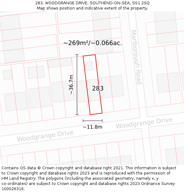 283, WOODGRANGE DRIVE, SOUTHEND-ON-SEA, SS1 2SQ: Plot and title map