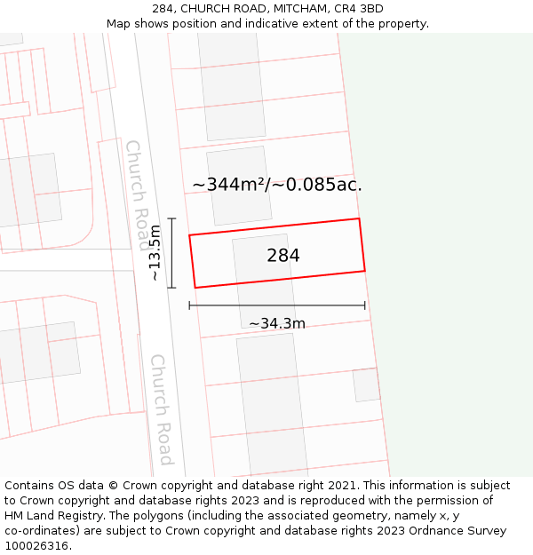 284, CHURCH ROAD, MITCHAM, CR4 3BD: Plot and title map