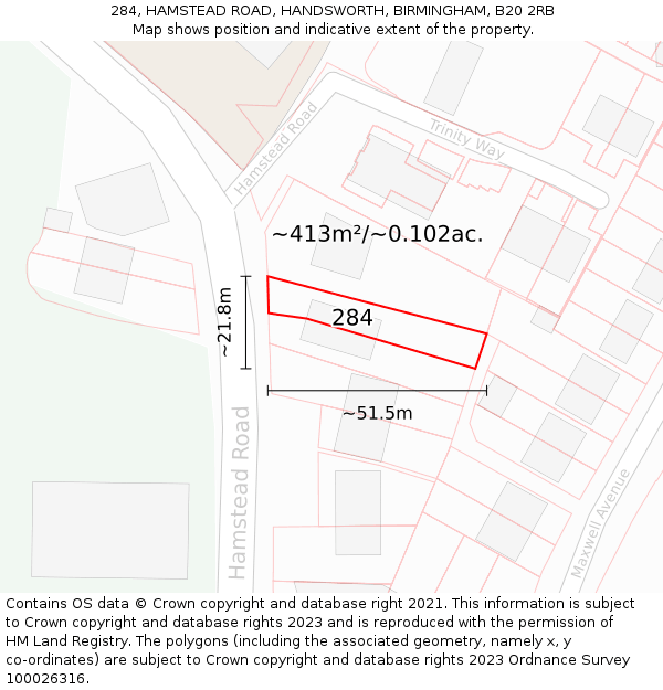 284, HAMSTEAD ROAD, HANDSWORTH, BIRMINGHAM, B20 2RB: Plot and title map