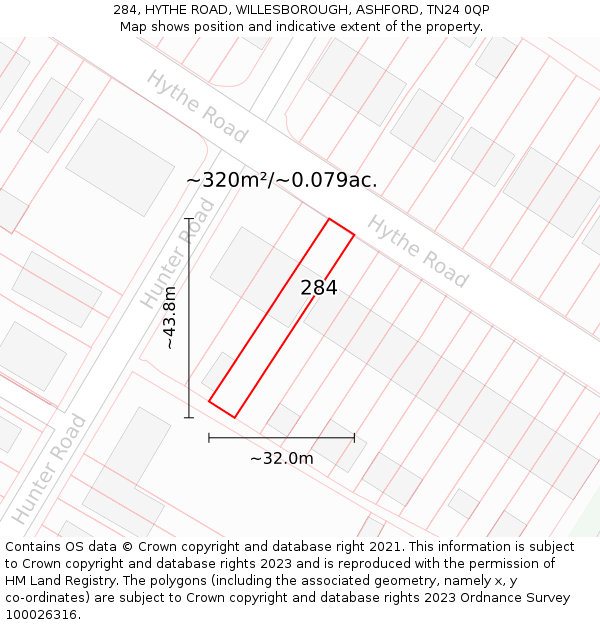 284, HYTHE ROAD, WILLESBOROUGH, ASHFORD, TN24 0QP: Plot and title map