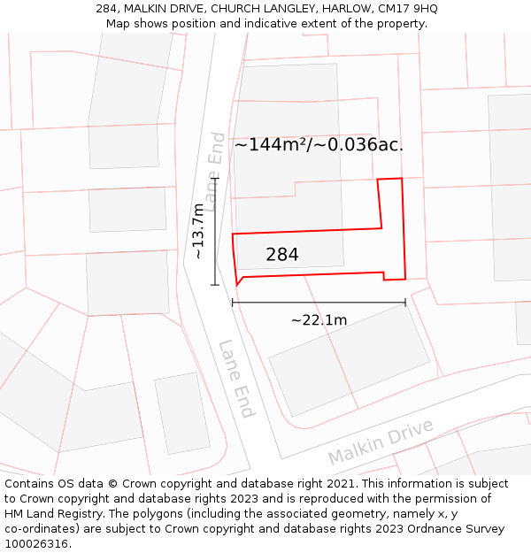 284, MALKIN DRIVE, CHURCH LANGLEY, HARLOW, CM17 9HQ: Plot and title map