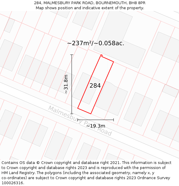 284, MALMESBURY PARK ROAD, BOURNEMOUTH, BH8 8PR: Plot and title map