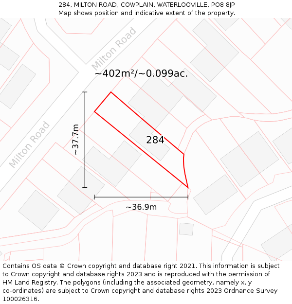 284, MILTON ROAD, COWPLAIN, WATERLOOVILLE, PO8 8JP: Plot and title map