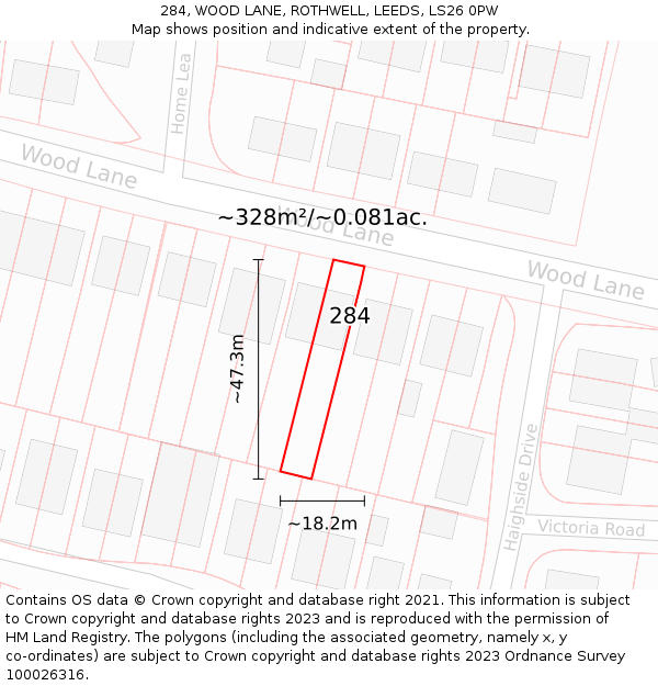 284, WOOD LANE, ROTHWELL, LEEDS, LS26 0PW: Plot and title map