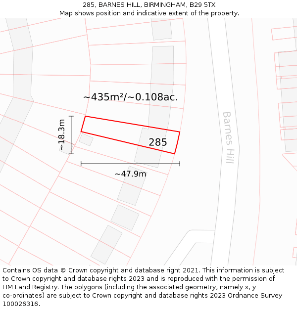 285, BARNES HILL, BIRMINGHAM, B29 5TX: Plot and title map