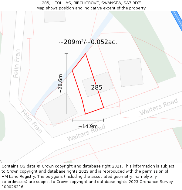 285, HEOL LAS, BIRCHGROVE, SWANSEA, SA7 9DZ: Plot and title map