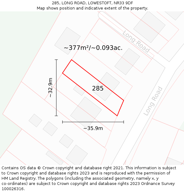 285, LONG ROAD, LOWESTOFT, NR33 9DF: Plot and title map