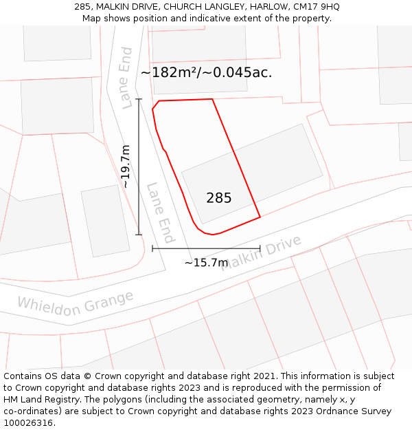 285, MALKIN DRIVE, CHURCH LANGLEY, HARLOW, CM17 9HQ: Plot and title map