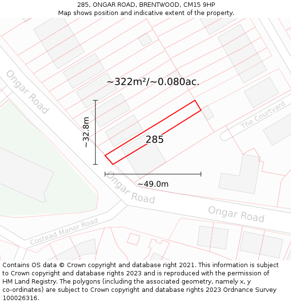 285, ONGAR ROAD, BRENTWOOD, CM15 9HP: Plot and title map