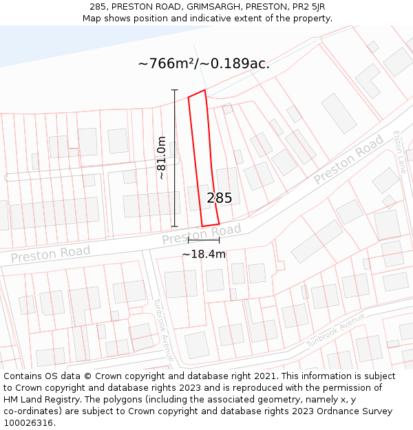 285, PRESTON ROAD, GRIMSARGH, PRESTON, PR2 5JR: Plot and title map