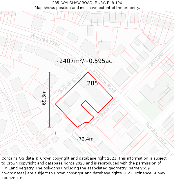 285, WALSHAW ROAD, BURY, BL8 1PX: Plot and title map