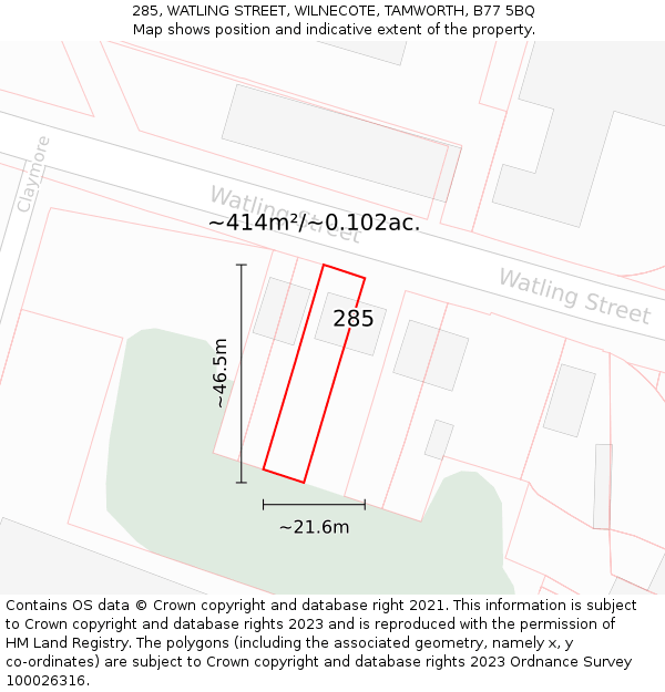 285, WATLING STREET, WILNECOTE, TAMWORTH, B77 5BQ: Plot and title map