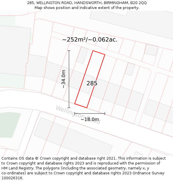 285, WELLINGTON ROAD, HANDSWORTH, BIRMINGHAM, B20 2QQ: Plot and title map