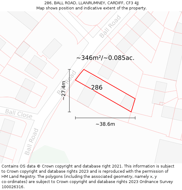 286, BALL ROAD, LLANRUMNEY, CARDIFF, CF3 4JJ: Plot and title map