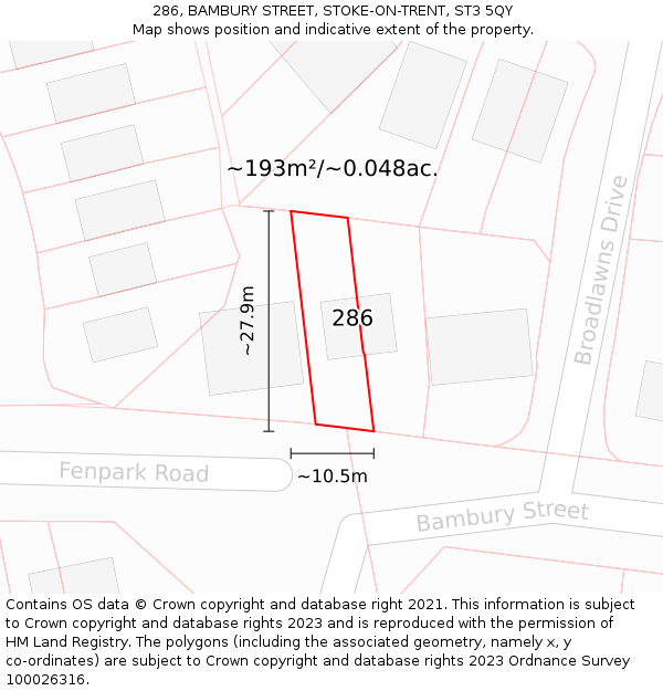 286, BAMBURY STREET, STOKE-ON-TRENT, ST3 5QY: Plot and title map