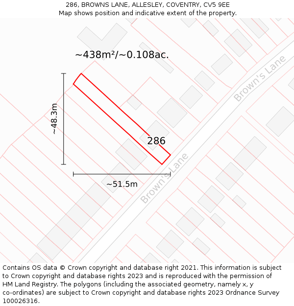 286, BROWNS LANE, ALLESLEY, COVENTRY, CV5 9EE: Plot and title map