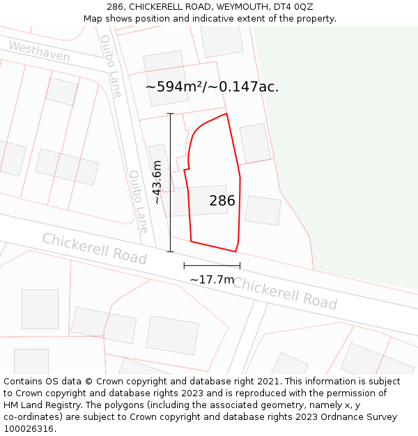 286, CHICKERELL ROAD, WEYMOUTH, DT4 0QZ: Plot and title map