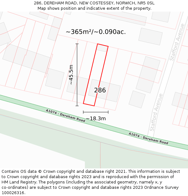 286, DEREHAM ROAD, NEW COSTESSEY, NORWICH, NR5 0SL: Plot and title map