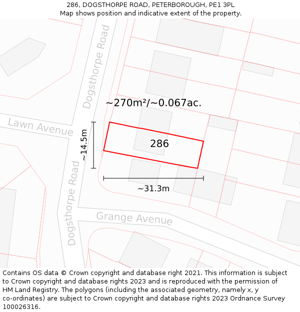 286, DOGSTHORPE ROAD, PETERBOROUGH, PE1 3PL: Plot and title map