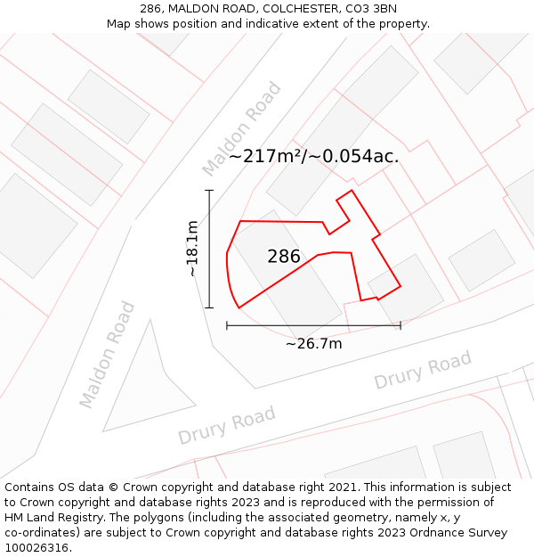 286, MALDON ROAD, COLCHESTER, CO3 3BN: Plot and title map