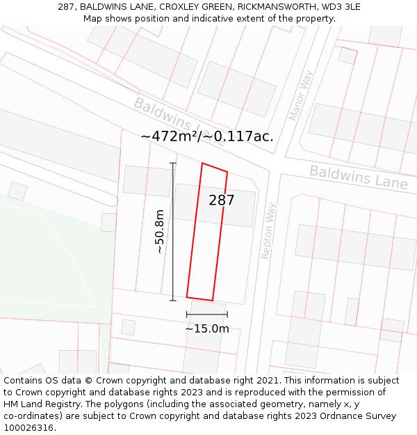 287, BALDWINS LANE, CROXLEY GREEN, RICKMANSWORTH, WD3 3LE: Plot and title map