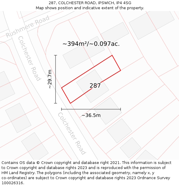 287, COLCHESTER ROAD, IPSWICH, IP4 4SG: Plot and title map