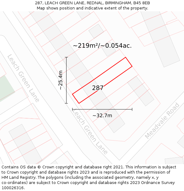 287, LEACH GREEN LANE, REDNAL, BIRMINGHAM, B45 8EB: Plot and title map